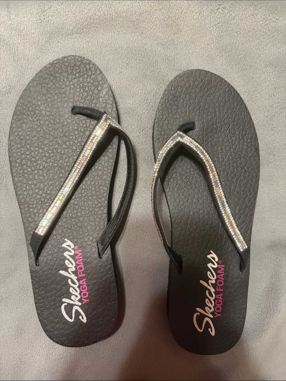 Skechers Black Flip Flops with Sparkling Crystal Straps